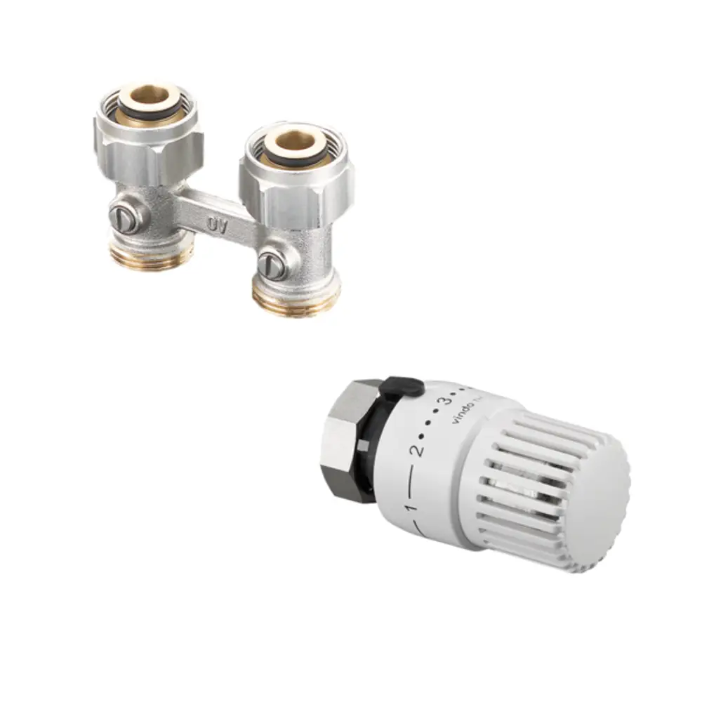 Oventrop Heizkörperanschluss-Set mit zwei Anschlussstücken und einem Thermostat zur Temperaturregelung für Heizkörper mit G 3/4 AG.